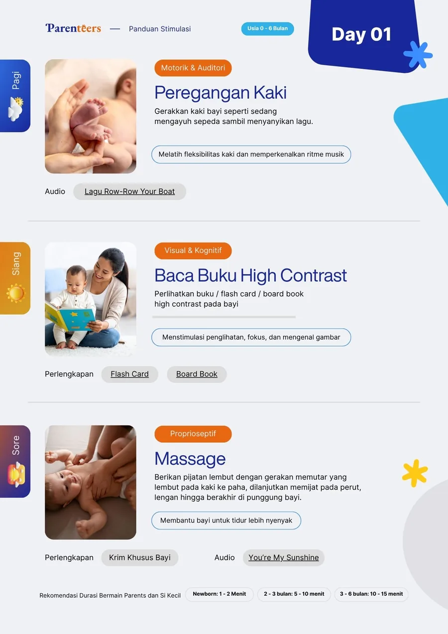 Contoh aktivitas peregangan kaki, visual kontras, dan pijat untuk bayi